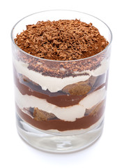 Classic tiramisu dessert in a glass isolated on a white background with clipping path