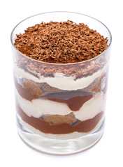 Classic tiramisu dessert in a glass isolated on a white background with clipping path