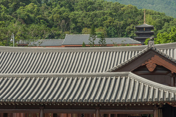 Fototapeta na wymiar Rooftop details of Chinese Temple - Chi Lin Nunnery in Hong Kong city