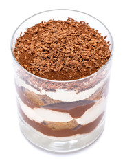 Classic tiramisu dessert in a glass isolated on a white background with clipping path