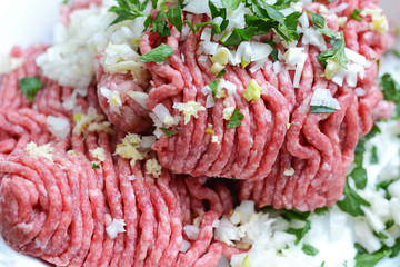 Fresh Raw mince, Minced beef, ground meat with herbs and onion on white plate