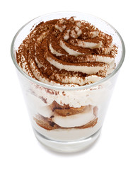 Classic tiramisu dessert in a glass isolated on a white background with clipping path