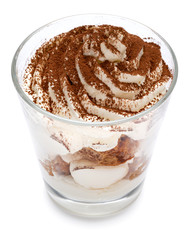 Classic tiramisu dessert in a glass isolated on a white background with clipping path