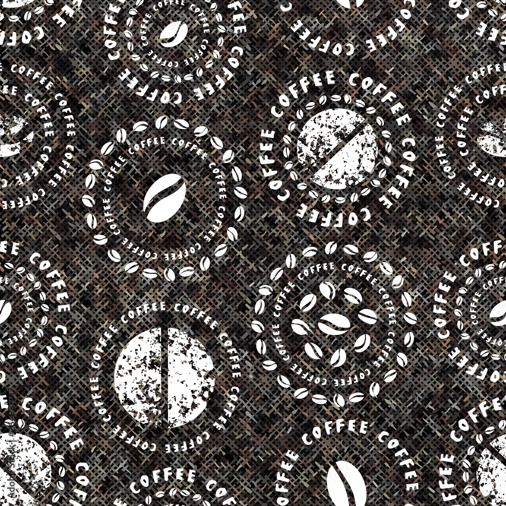 Leinwandbilder Coffee pattern on a rough canvas texture Seamless pattern.