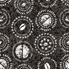 Coffee pattern on a rough canvas texture Seamless pattern.