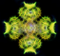 Ornamental mandala and fractal effect on black background.