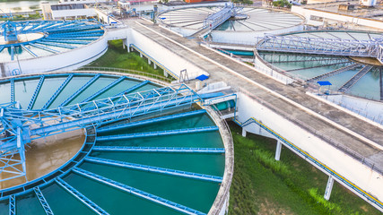 Aerial view circle circular recirculation solid contact clarifier sedimentation tank, Water clean...