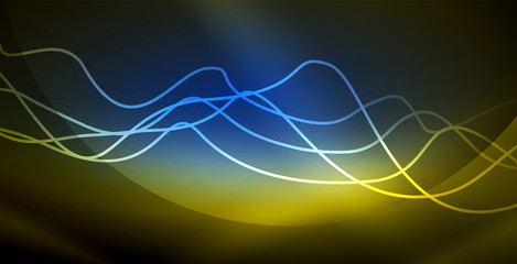 Glowing abstract wave on dark, shiny motion, magic space light. Techno abstract background