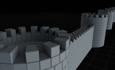 3D medieval tower and stone wall