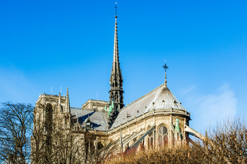 Fototapeta na wymiar The 19th-century spire of Paris Notre Dame Cathedral by Eugene Viollet-le-Duc made of oak covered with lead, destroyed in the April 2019 fire
