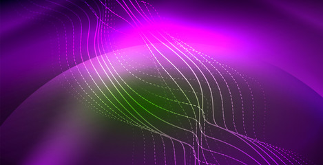 Glowing abstract wave on dark, shiny motion, magic space light. Techno abstract background