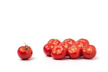 Still life, juicy, red, ripe tomatoes,on a white background