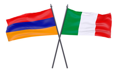 Armenia and Italy, two crossed flags isolated on white background. 3d image