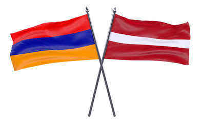 Armenia and Latvia, two crossed flags isolated on white background. 3d image