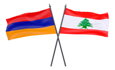 Armenia and Lebanon, two crossed flags isolated on white background. 3d image