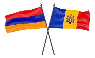 Armenia and Moldova, two crossed flags isolated on white background. 3d image