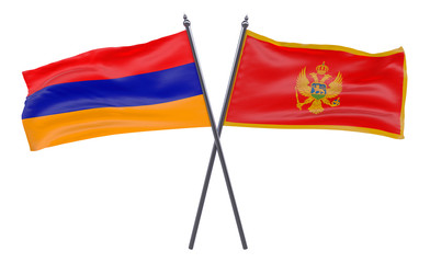 Armenia and Montenegro, two crossed flags isolated on white background. 3d image