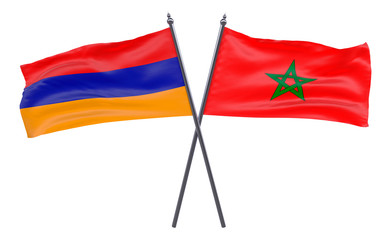 Armenia and Morocco, two crossed flags isolated on white background. 3d image