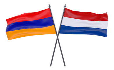 Armenia and Netherlands, two crossed flags isolated on white background. 3d image
