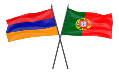 Armenia and Portugal, two crossed flags isolated on white background. 3d image