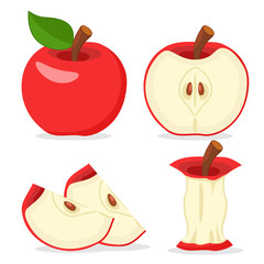 Set of red Apple, half, slices and eaten on a white.