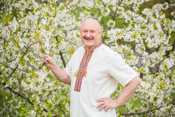 Naklejka na ściany i meble Senior man in embroidered shirt at blossom garden