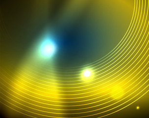 Blue neon circles, abstract circular lines. Glowing circle abstract pattern background