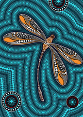 Dragonfly aboriginal art vector painting. Illustration based on aboriginal style of portrait background.
