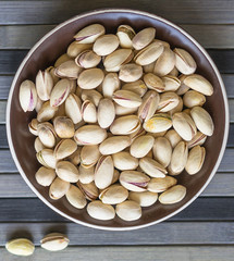 Healthy food  for background image close up pistachios nuts. Texture on top view Nuts pistachio on the cup plate