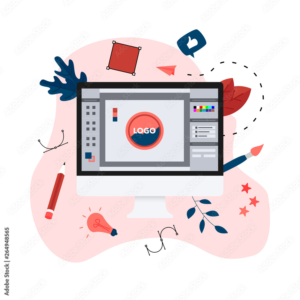 Poster flat vector graphic design concept with computer designer with an open design application with a cre