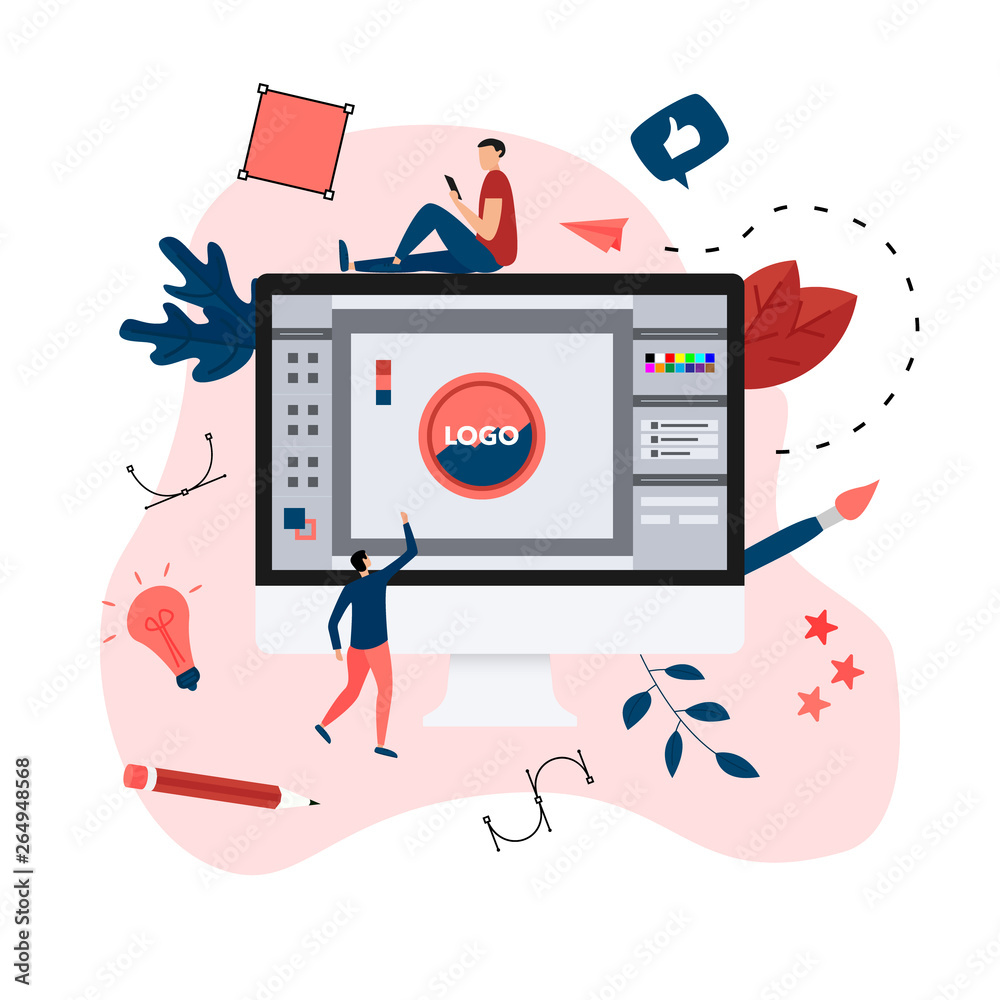 Poster flat vector graphic design concept with computer designer with an open design application with a cre