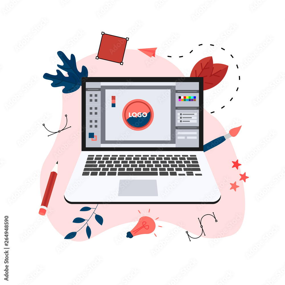 Poster flat vector graphic design concept with computer designer with an open design application with a cre