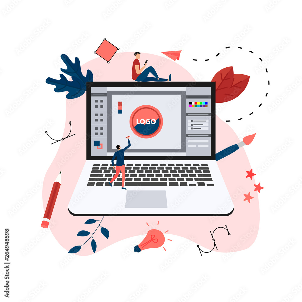 Fototapete flat vector graphic design concept with computer designer with an open design application with a cre