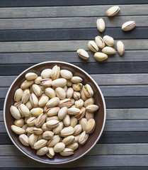 Healthy food  for background image close up pistachios nuts. Texture on top view Nuts pistachio on the cup plate