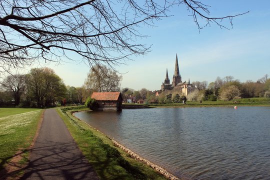 Lichfield Cathedral, as seen from Stowe Pool, Staffordshire.