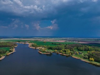 Aerial view of the pond in Nesvizh Park, Minsk Region, Belarus