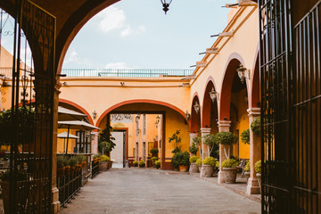 Orange brick courtyard in summer