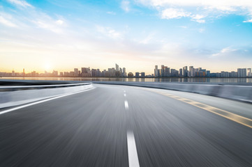 Empty road floor surface with modern city landmark buildings of hangzhou bund Skyline,zhejiang,china