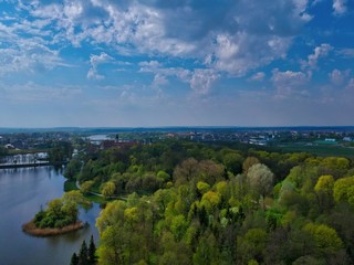 Fototapeta na wymiar Aerial view of the pond in Nesvizh Park, Minsk Region, Belarus