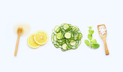 Natural ingredients for homemade skin care on white