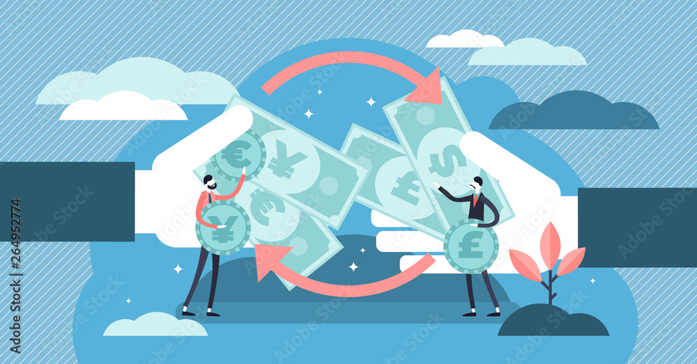 Wall mural money exchange vector illustration. tiny financial currency persons concept