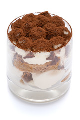 Classic tiramisu dessert in a glass isolated on a white background with clipping path