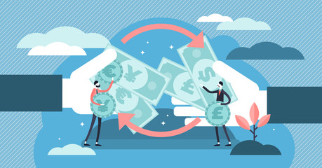 Fototapeta na wymiar Money exchange vector illustration. Tiny financial currency persons concept