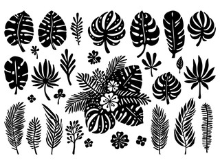 Set of black silhouettes, exotic tropical leaves on a white background. Vector botanical illustration. Great design elements for laser cutting, paper cut, template, stickers and others - 264952929