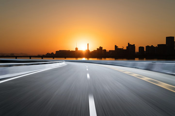 Empty road floor surface with modern city landmark buildings of hangzhou bund Skyline,zhejiang,china