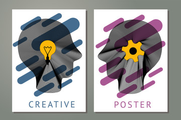 Abstract composition with human heads, gears and lamp. Creativity concept with guilloche lines. Posters with striped head and geometric shapes.