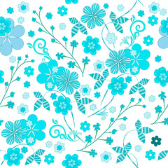 Seamless vector spring floral pattern on a white background stylized, monochromatic striped light blue flowers and leaves. Pattern for design wrapping fabric wrapping, wallpaper.