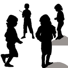 Vector silhouettes of children. A girl stands on a stone in three variants and a boy having a rest on the nature isolated on white background