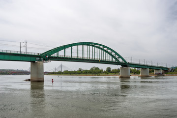 Belgrade, Serbia April 26, 2019: Belgrade bridges on the photo. Old bridge across the Sava River.