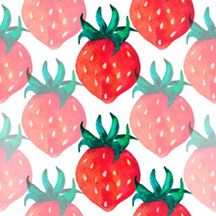 Watercolor strawberries with green leaves pattern on white paper